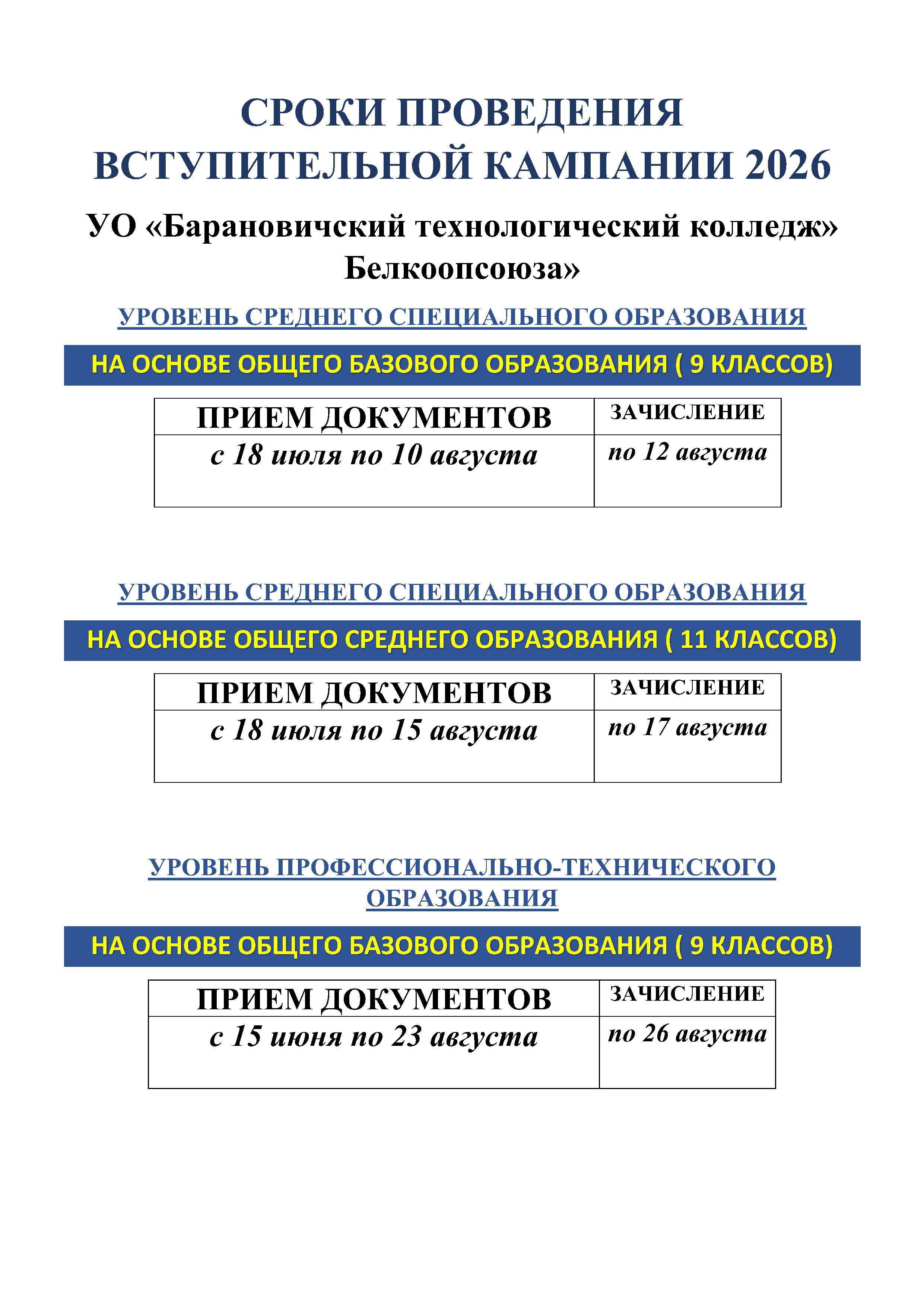 2026 СРОКИ ПРОВЕДЕНИЯ ВСТУПИТЕЛЬНОЙ КАМПАНИИ